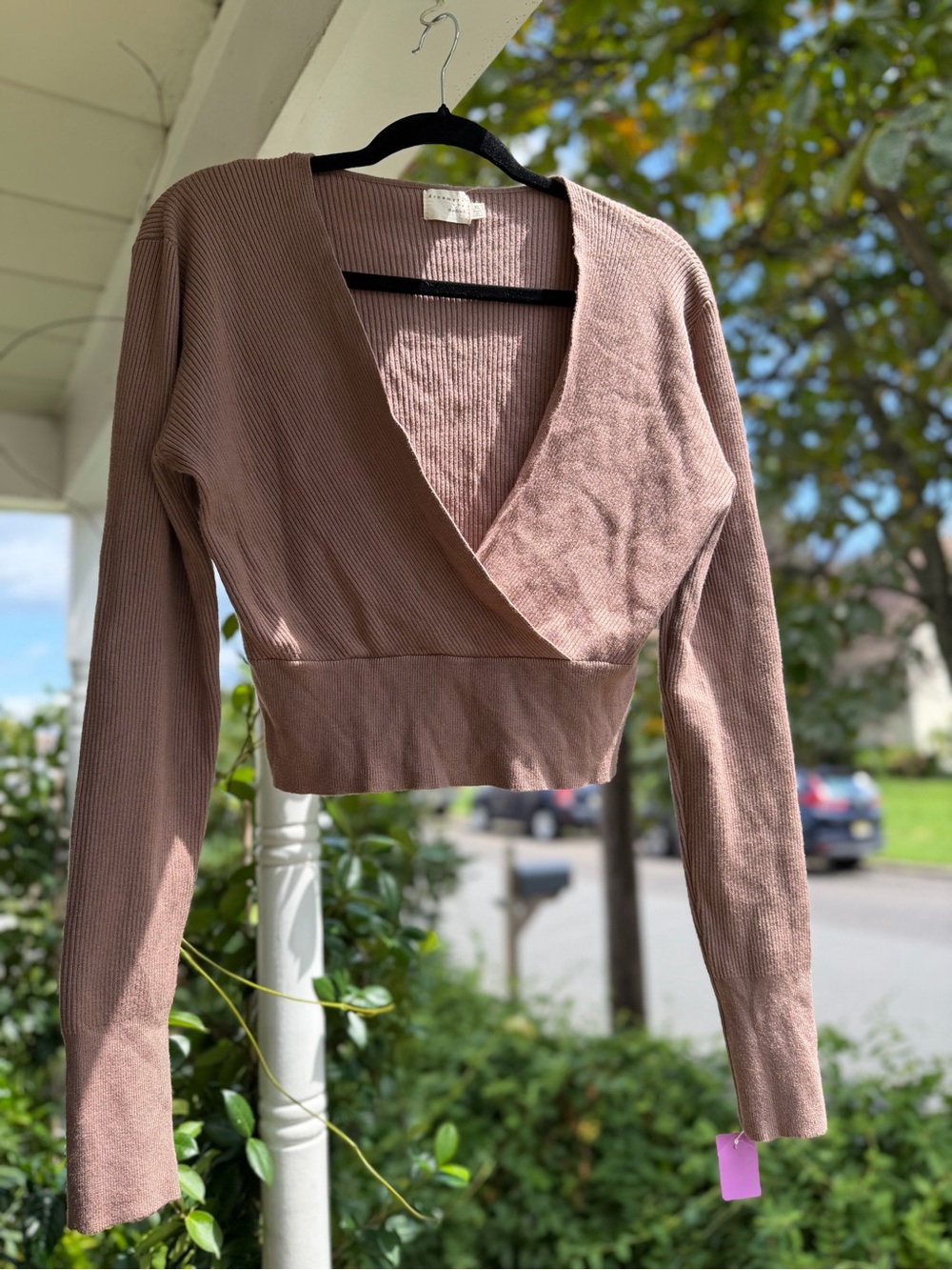 debut Mauve Ribbed Wrap-Front Long-Sleeve Crop Top